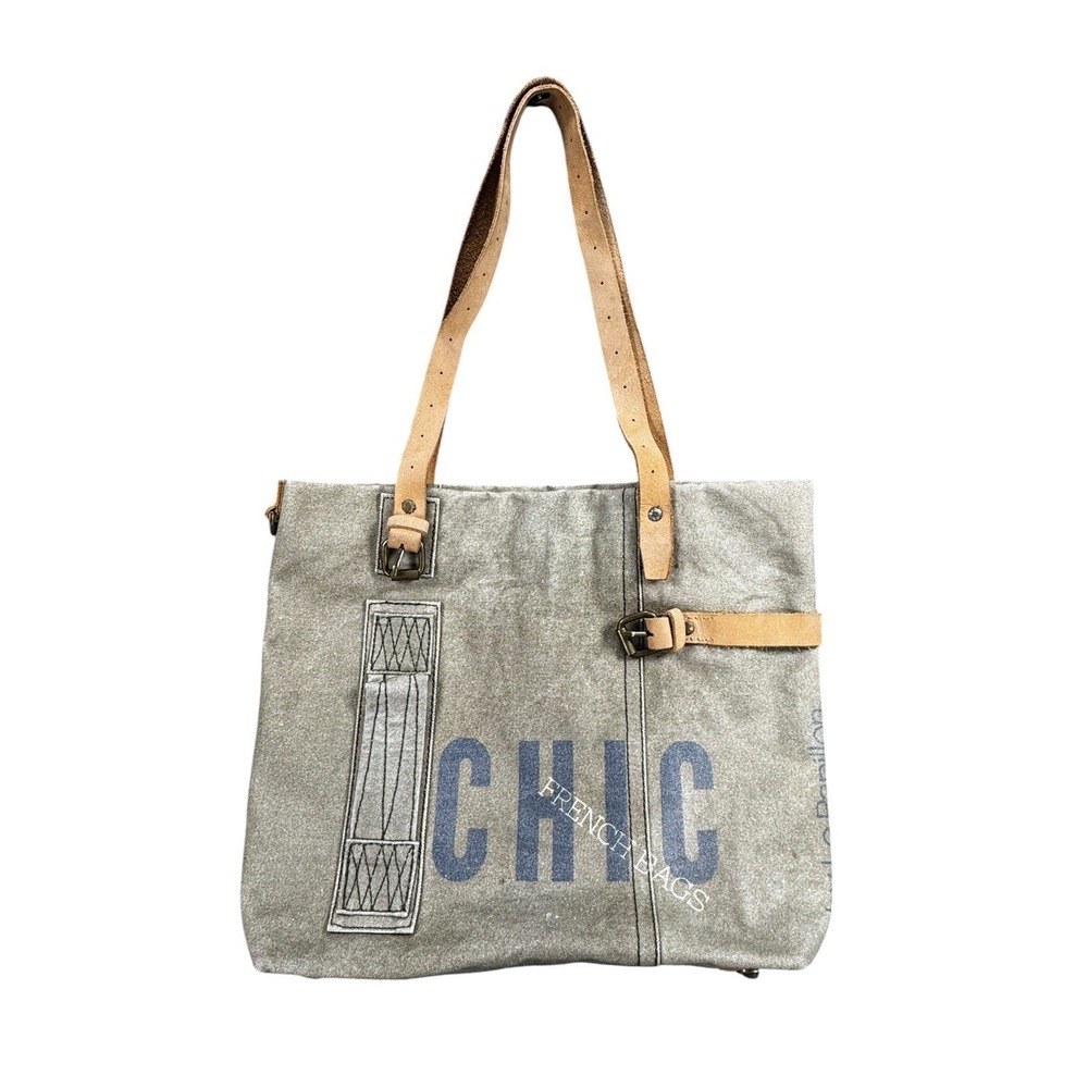 Le Papillon CHIC French Canvas Tote Bag Gray Canvas Faux Leather Straps Large